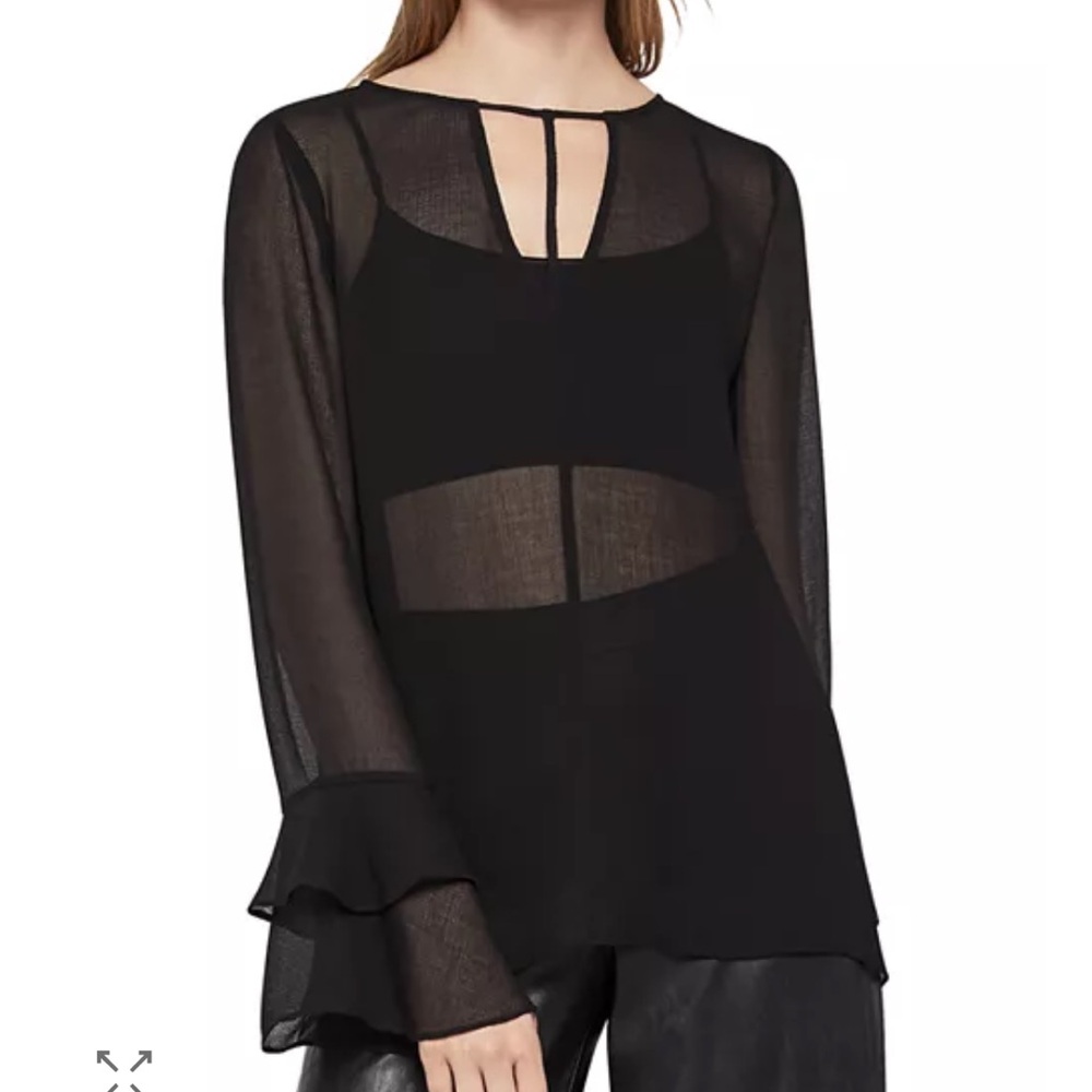 BCBGeneration Sheer Ruffle-Sleeve Top, Black, L